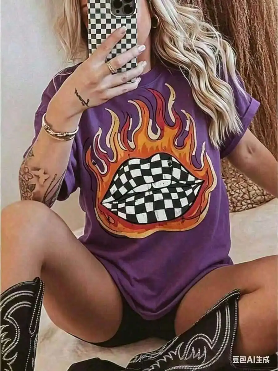 Purple Checkered Flame Lips Graphic Tee Loose Casual Short Sleeve T-Shirt Women
Purple Checkered Flame Lips Graphic Tee Loose Casual Short Sleeve T-Shirt Women