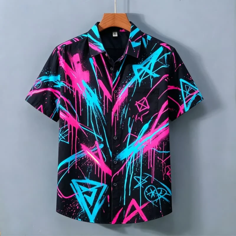 Street graffiti style printed men's short sleeved shirt with pockets, , suitable for vacation and daily wear
Street graffiti style printed men's short sleeved shirt with pockets, , suitable for vacation and daily wear