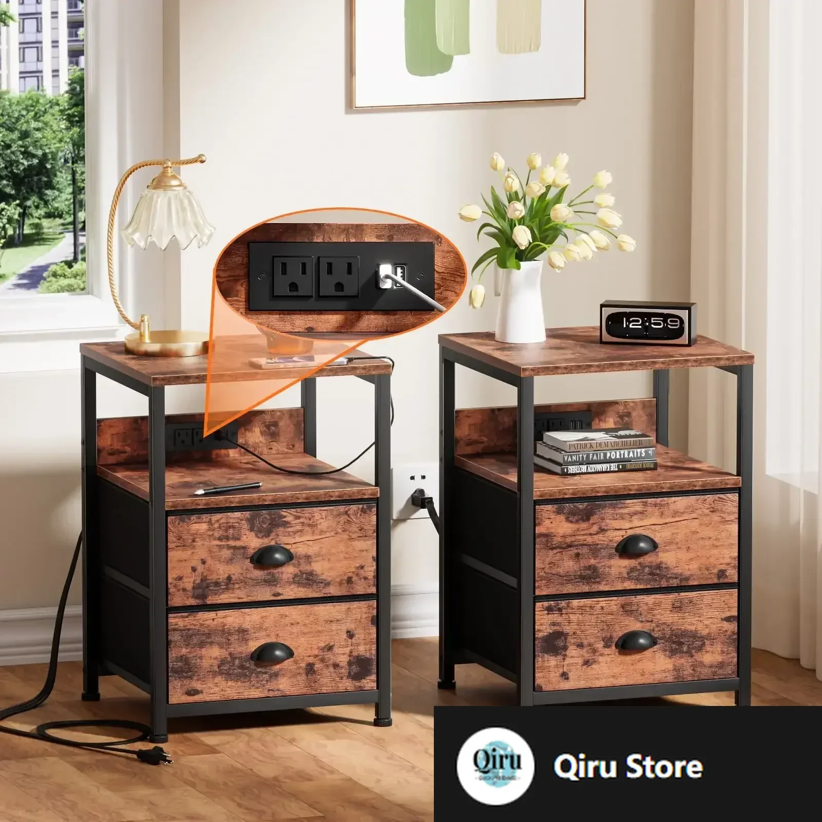 Nightstand Set of 2, Side End Table with Charging Station, 2 Drawers, Rustic Brown
Nightstand Set of 2, Side End Table with Charging Station, 2 Drawers, Rustic Brown