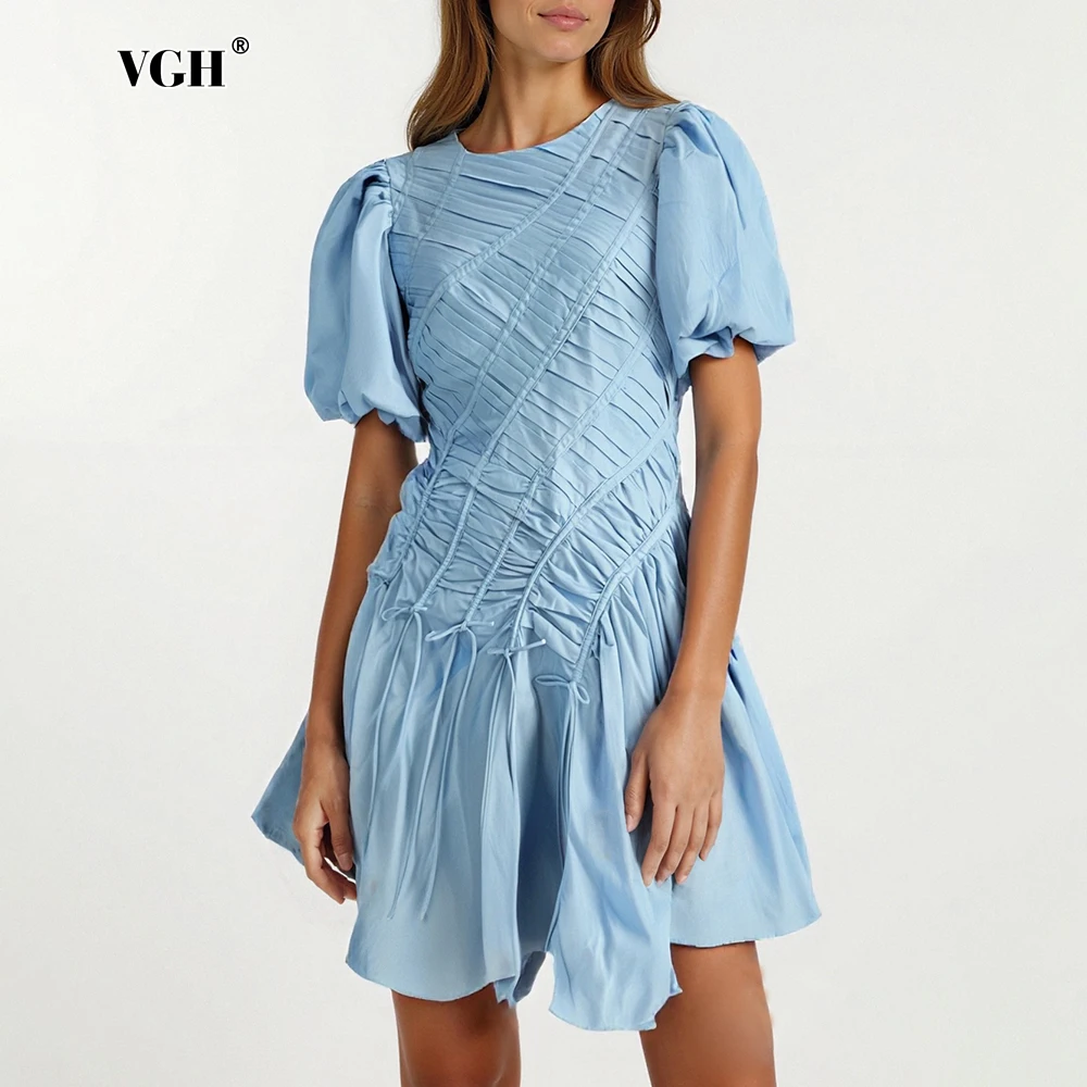 VGH Solid Patchwork Drawsting Pleated Dress for Women O Neck Puff Sleeve High Waist Simming Temperament Dresses Female Summer
VGH Solid Patchwork Drawsting Pleated Dress for Women O Neck Puff Sleeve High Waist Simming Temperament Dresses Female Summer