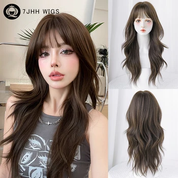 7JHH WIGS 여성용 루즈 바디 웨이브 다크 브라운 가발, 깔끔한 앞머리, 고밀도 합성 패션 웨이브 가발, 자연스러움