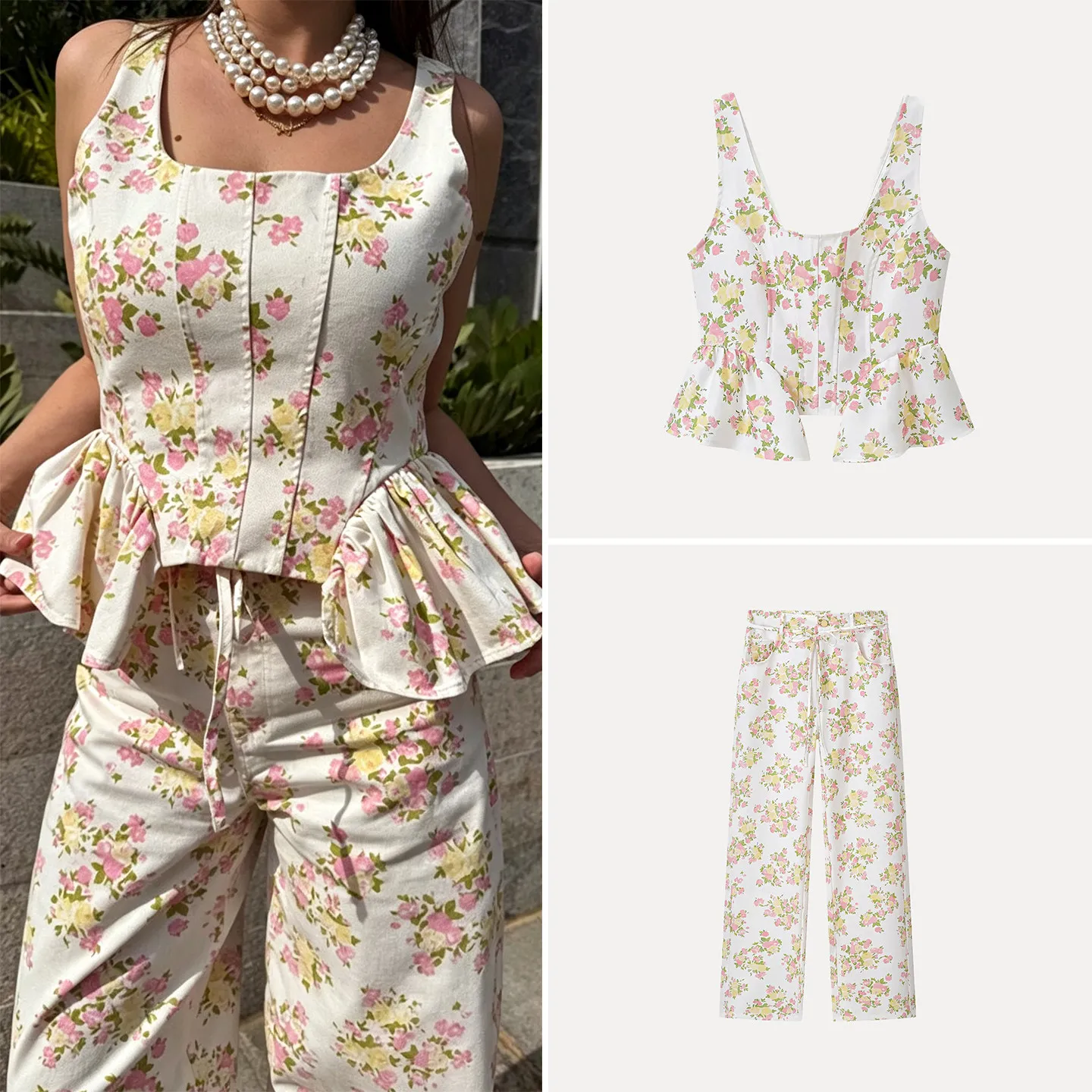 Fashionable Floral Print Casual Long Pants Set Women's Sleeveless Hemmed Top Bottoms Ensemble Summer Season Two-Piece Suit
Fashionable Floral Print Casual Long Pants Set Women's Sleeveless Hemmed Top Bottoms Ensemble Summer Season Two-Piece Suit