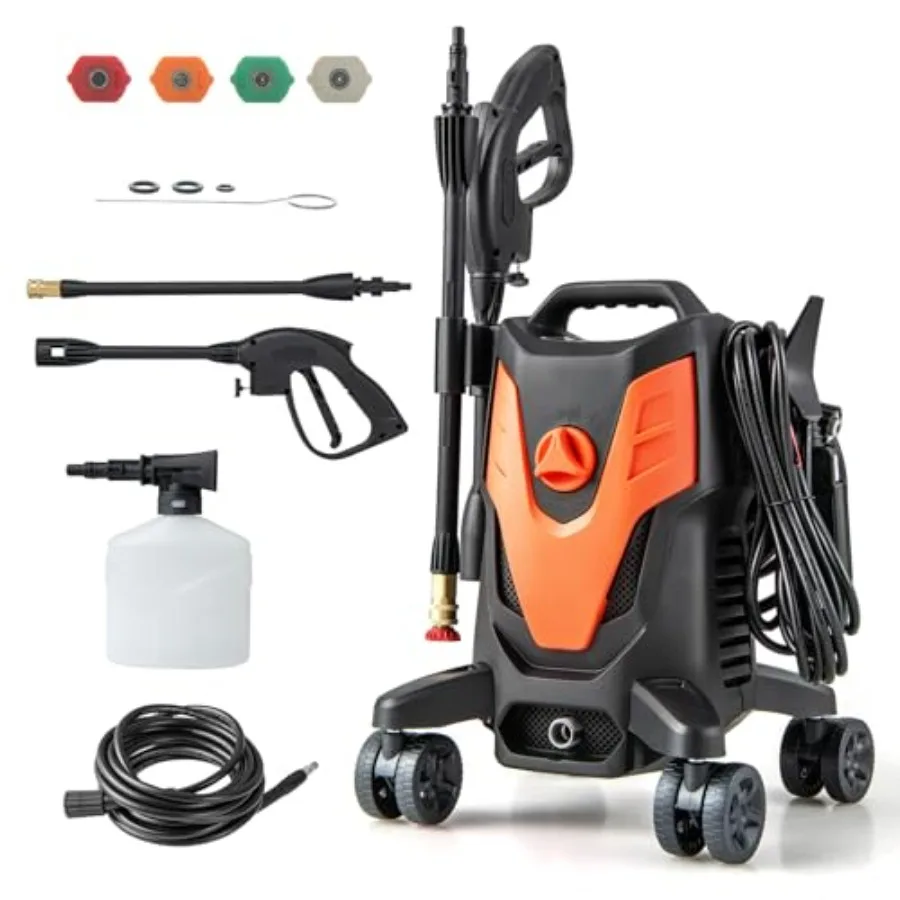 Электрическая мойка высокого давления 2400 PSI, 1.7 GPM, с 4 быстросъемными насадками и универсальными колесами, портативная
Электрическая мойка высокого давления 2400 PSI, 1.7 GPM, с 4 быстросъемными насадками и универсальными колесами, портативная