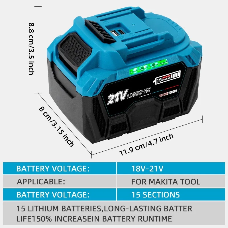 21V High Capacity Li-ion Battery Pack with USB Port for Makita BL1830 BL1830B BL1840 BL1840B BL1850 BL1850B Power Tools Battery
21V High Capacity Li-ion Battery Pack with USB Port for Makita BL1830 BL1830B BL1840 BL1840B BL1850 BL1850B Power Tools Battery