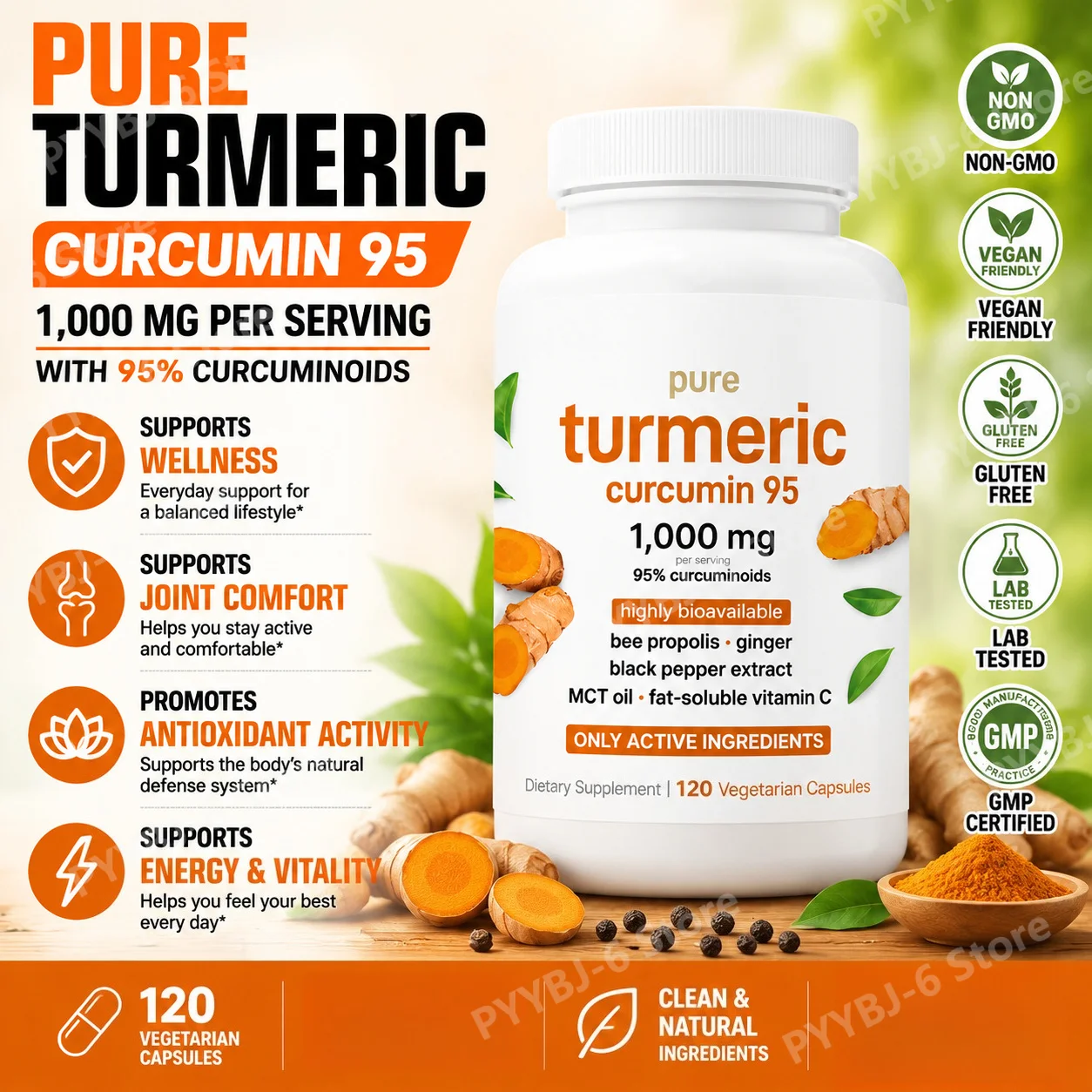 Turmeric Curcumin 95 Capsules 1000mg with Ginger Black Pepper Extract Vitamin C Joint Comfort Antioxidant Support 120 Count
Turmeric Curcumin 95 Capsules 1000mg with Ginger Black Pepper Extract Vitamin C Joint Comfort Antioxidant Support 120 Count