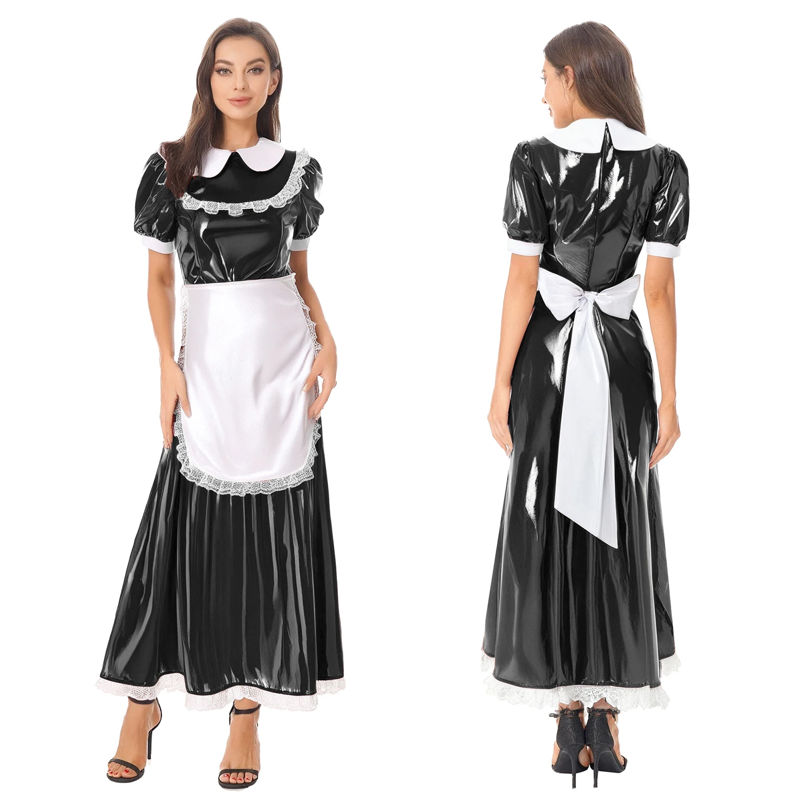 Womens Latex French Maid Cosplay Costume Halloween Carnival Rave Party Clubwear Wet Look Patent Leather Maid Dress with Apron
Womens Latex French Maid Cosplay Costume Halloween Carnival Rave Party Clubwear Wet Look Patent Leather Maid Dress with Apron