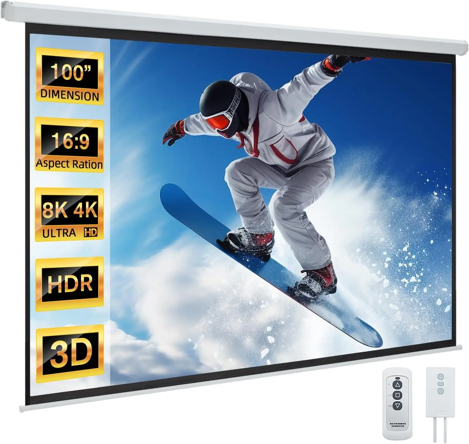 Motorized Projector Screen 100 inch 16:9 4K HD Electric Wall Mounted Retractable Drop Down with Remote for Home Theater Indoor
Motorized Projector Screen 100 inch 16:9 4K HD Electric Wall Mounted Retractable Drop Down with Remote for Home Theater Indoor