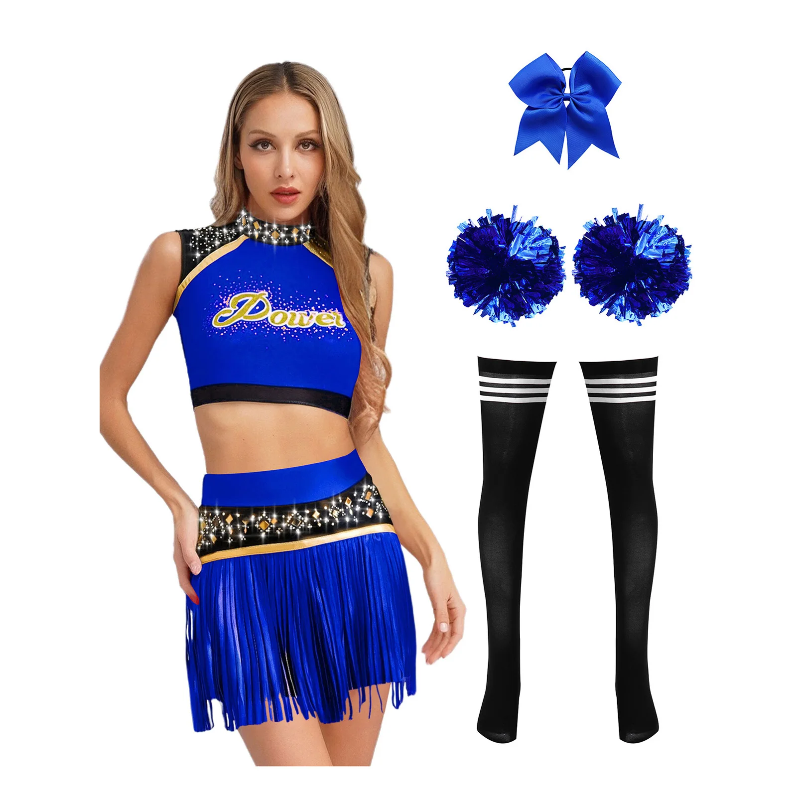 Women Cheerleading Uniform High School Cheerleading Costume Tank Top with Shorts Hand Flower Bowknot Hair Tie And Tube Socks Set
Women Cheerleading Uniform High School Cheerleading Costume Tank Top with Shorts Hand Flower Bowknot Hair Tie And Tube Socks Set