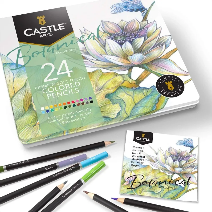 Castle Arts Themed 24 Coloured Pencil Set in Tin Box perfect colours for Botanical Art. Featuring quality smooth coloured cores 
Castle Arts Themed 24 Coloured Pencil Set in Tin Box perfect colours for Botanical Art. Featuring quality smooth coloured cores