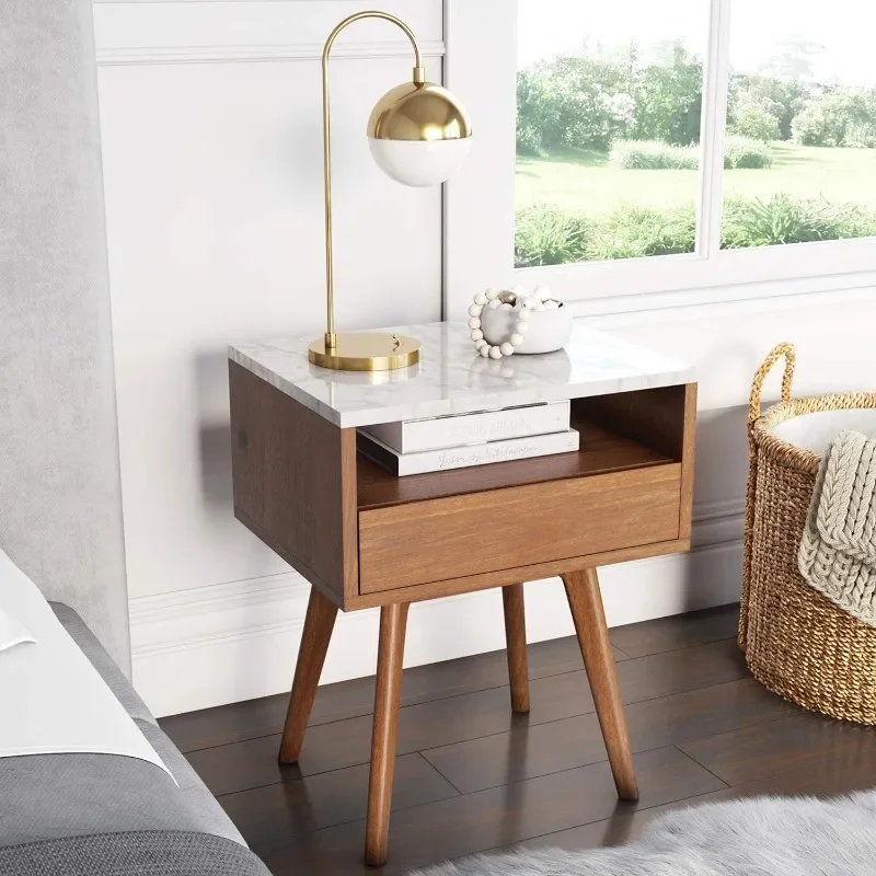 Mid-Century Rectangle Accent Side or End Table Walnut Finish Wood and Faux Marble Top with Storage Nightstand
Mid-Century Rectangle Accent Side or End Table Walnut Finish Wood and Faux Marble Top with Storage Nightstand