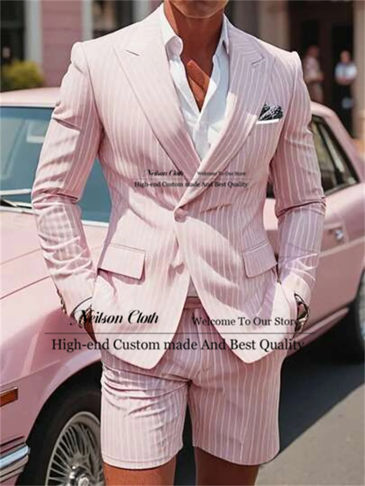 Summer Pink Male Prom Blazers 2 Pieces Sets Stripe Customized Groom Wedding Tuxedos Peaked Lapel Short Pants Costume Homme
Summer Pink Male Prom Blazers 2 Pieces Sets Stripe Customized Groom Wedding Tuxedos Peaked Lapel Short Pants Costume Homme