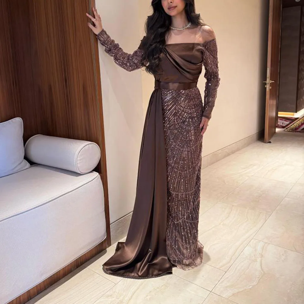 Коричневое вечернее платье с открытыми плечами по индивидуальному заказу и вышивкой пайеток, со шлейфом по бокам فستان سهرة نسائي
Коричневое вечернее платье с открытыми плечами по индивидуальному заказу и вышивкой пайеток, со шлейфом по бокам فستان سهرة نسائي