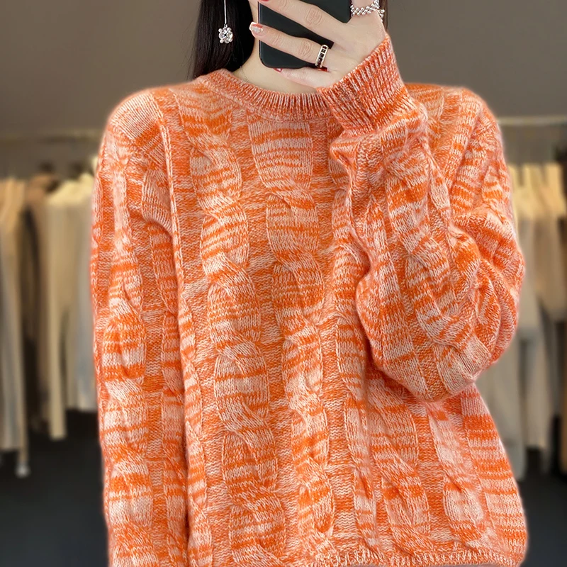 Autumn and winter new women's round neck 100% merino wool sweater mixed color twist thickened fashion loose knit pullover top
Autumn and winter new women's round neck 100% merino wool sweater mixed color twist thickened fashion loose knit pullover top