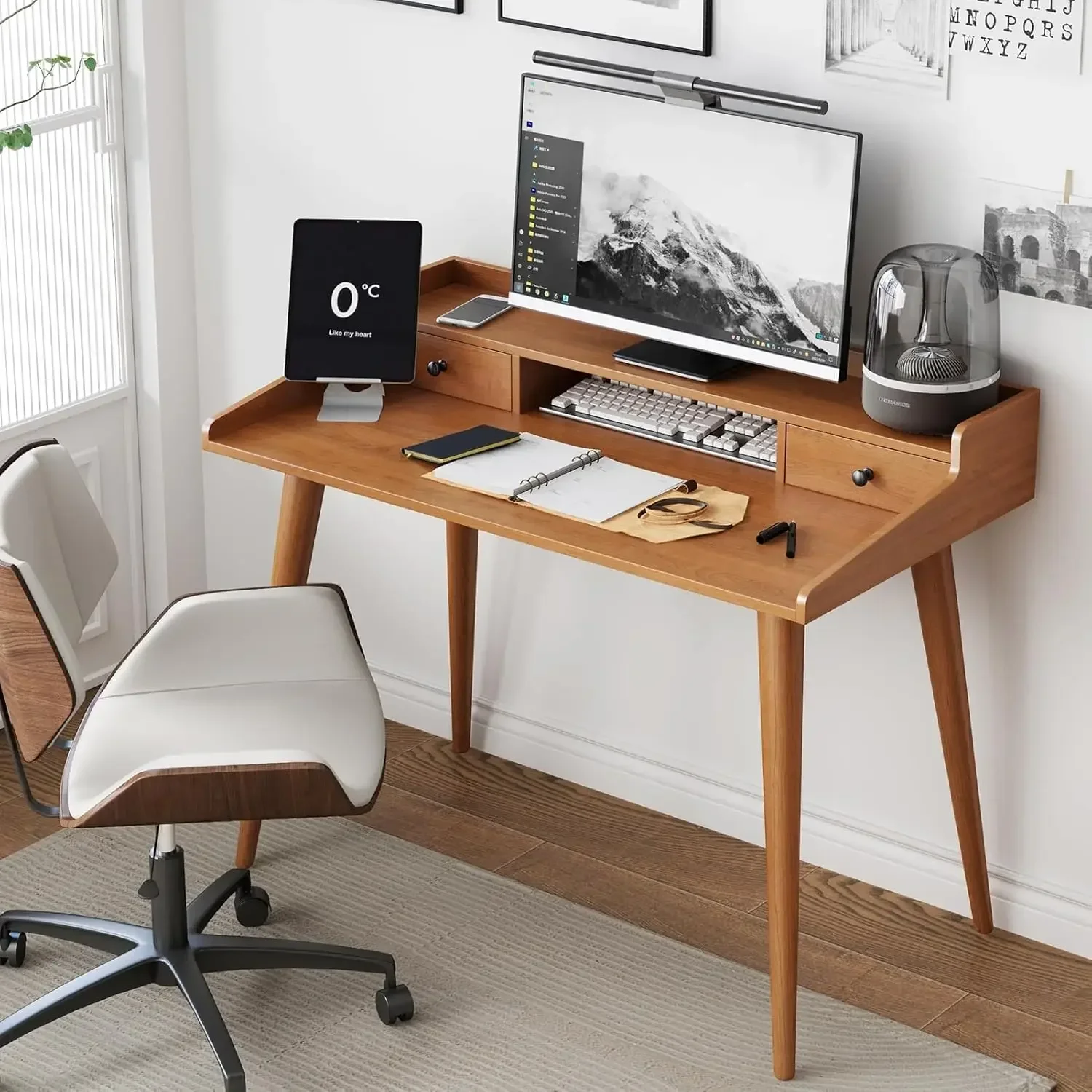 Mid Century Modern Desk, 41" Wood Home Office Writing Computer or Laptop Desk with Monitor Stand Riser and Open Storage Cubby
Mid Century Modern Desk, 41" Wood Home Office Writing Computer or Laptop Desk with Monitor Stand Riser and Open Storage Cubby