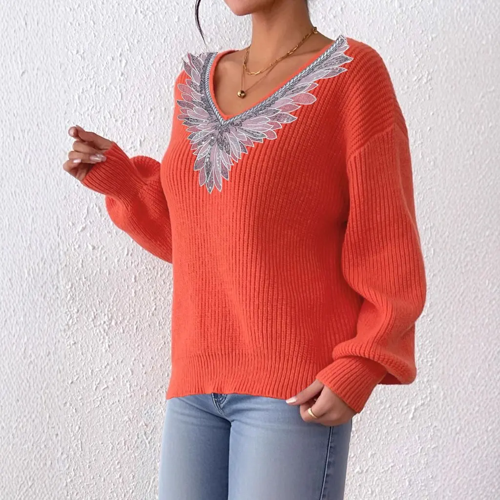 Long Sleeve Lace Sequin Collar Patchwork V Neck Turtleneck Sweater Loose Lazy Style Women's Fashion Cross Border Top
Long Sleeve Lace Sequin Collar Patchwork V Neck Turtleneck Sweater Loose Lazy Style Women's Fashion Cross Border Top