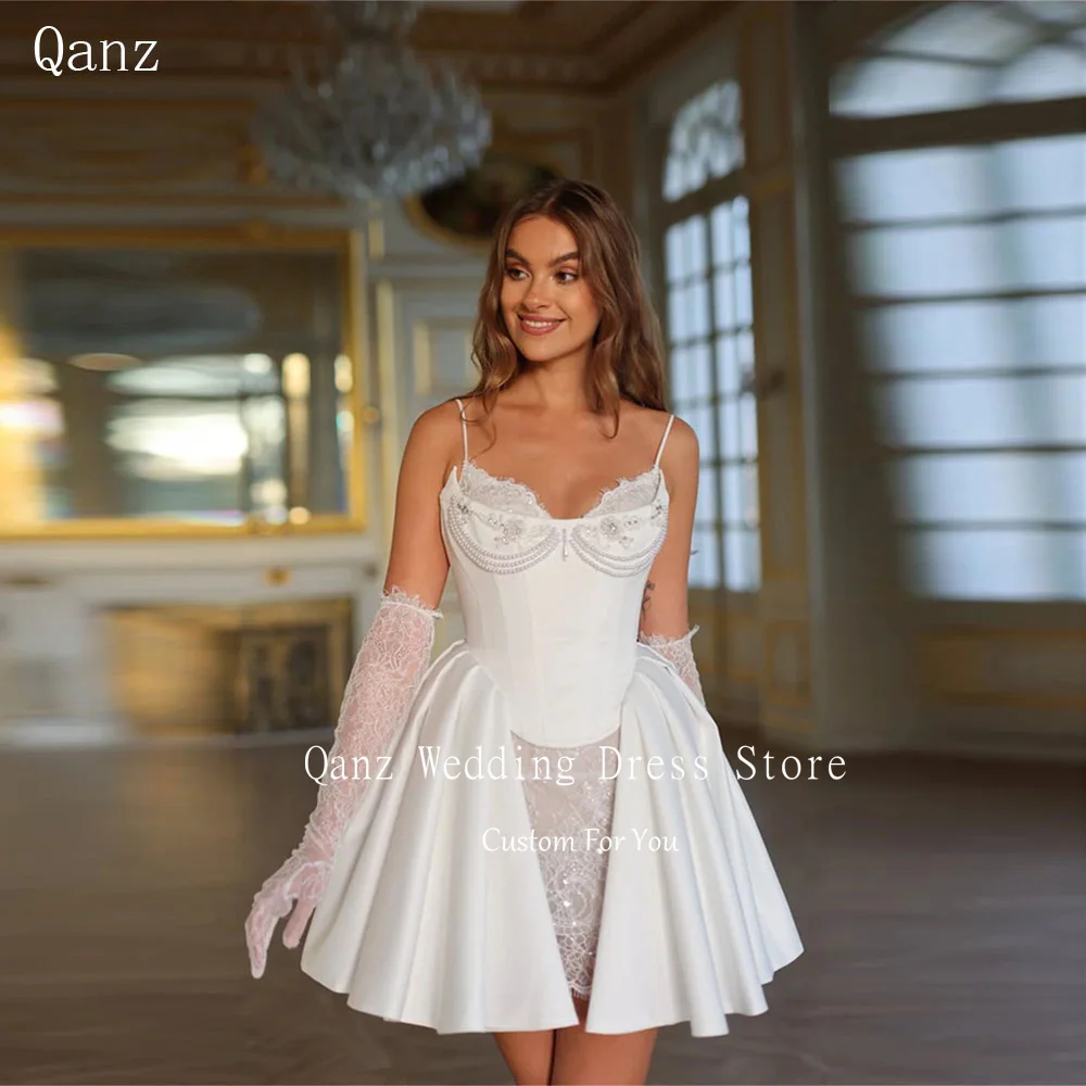 Qanz Sweetheart Short Wedding Dress Spaghetti Straps Lace Illusion Pearls Dresses for Woman Lace Up Back Bridal Gown Customized
Qanz Sweetheart Short Wedding Dress Spaghetti Straps Lace Illusion Pearls Dresses for Woman Lace Up Back Bridal Gown Customized