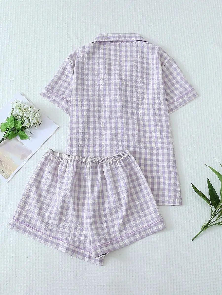 2pcs Women Plaid Print Pajama Set Short Sleeve Button Collar Top And Shorts Casual Summer Sleepwear
2pcs Women Plaid Print Pajama Set Short Sleeve Button Collar Top And Shorts Casual Summer Sleepwear