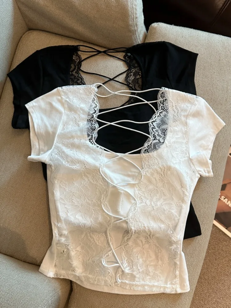 Sexy Lace Splice Backless Short Sleeve T-Shirt Summer New Style Pure Desire Slim Fit Short Length Top for Young Women
Sexy Lace Splice Backless Short Sleeve T-Shirt Summer New Style Pure Desire Slim Fit Short Length Top for Young Women