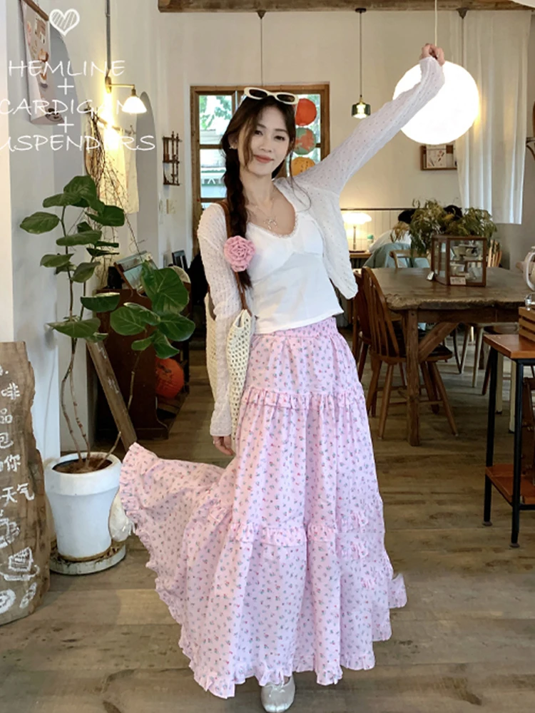 Sweet Pink Floral Skirt Women 2024 Spring Summer Elastic Waist Spliced Ruffled A-line Long Skirts Korean Fashion Casual
Sweet Pink Floral Skirt Women 2024 Spring Summer Elastic Waist Spliced Ruffled A-line Long Skirts Korean Fashion Casual
