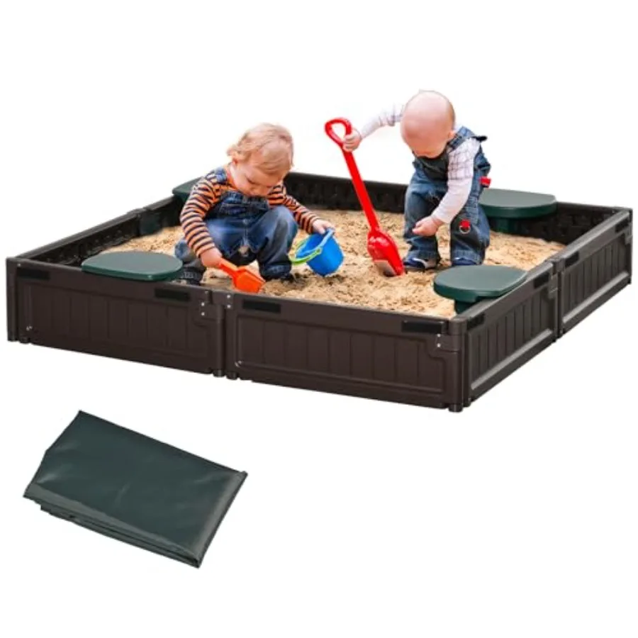Outdoor sandbox for backyard use, made of brown wood, 48.5 x 48.5 x 8.25, includes cover and garden bed design, easy assembly
Outdoor sandbox for backyard use, made of brown wood, 48.5 x 48.5 x 8.25, includes cover and garden bed design, easy assembly