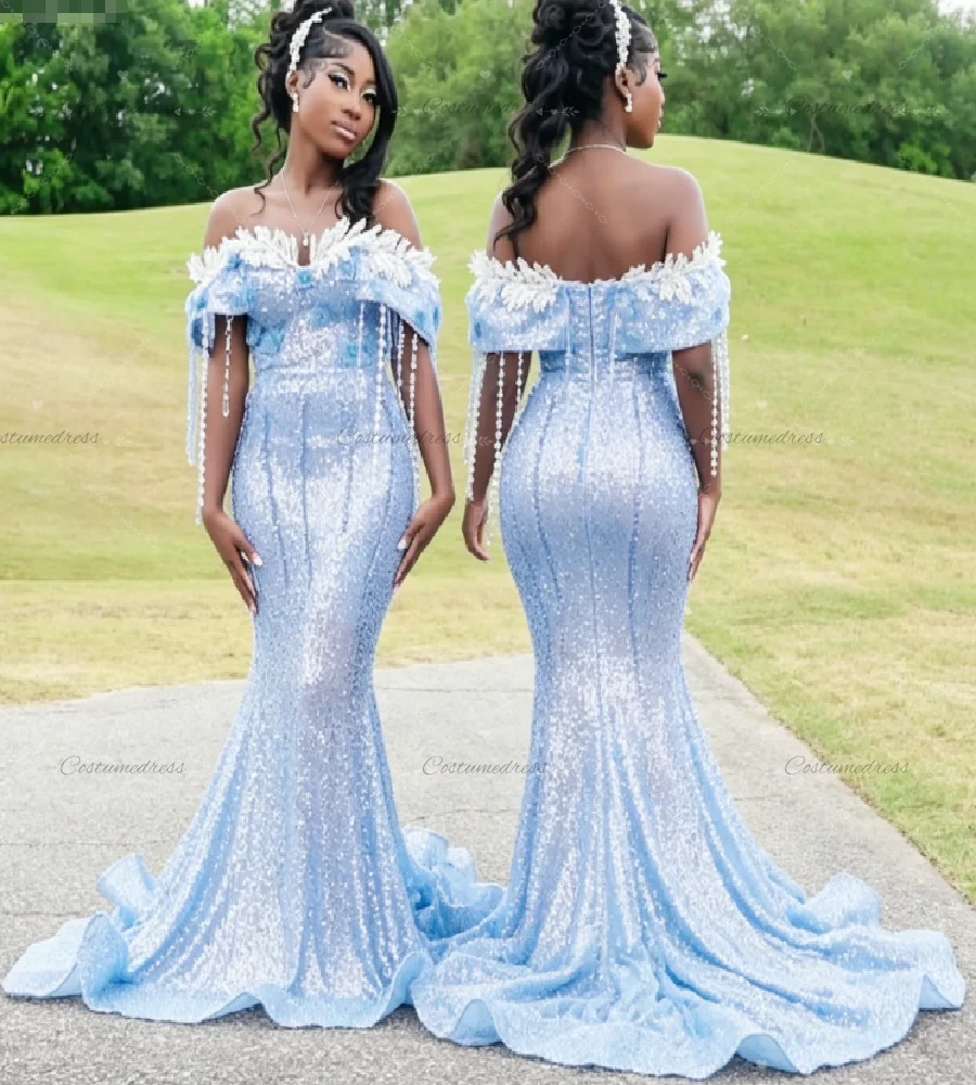 Shine Ice Blue Aso Ebi Prom Dress 2026 Off Shoulders Beaded Tassel Evening Gowns Mermaid Sequin Black Girls Birthday Party Dress
Shine Ice Blue Aso Ebi Prom Dress 2026 Off Shoulders Beaded Tassel Evening Gowns Mermaid Sequin Black Girls Birthday Party Dress