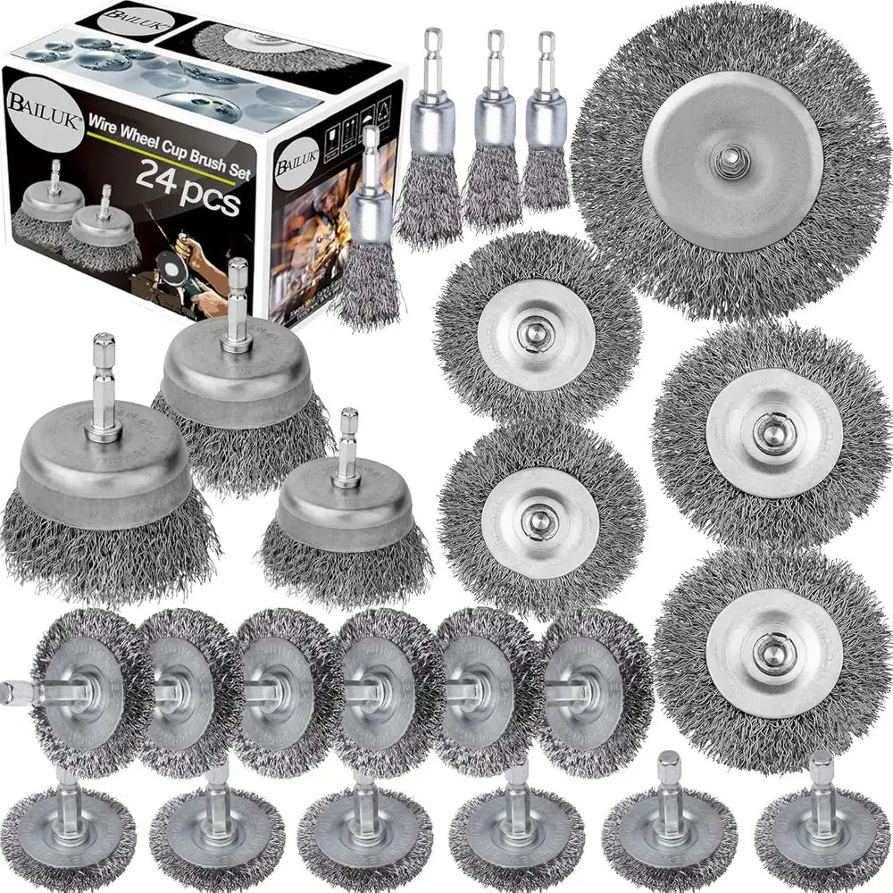 Wire Wheel Cup Brush Set, 0.012-Inch Coarse Crimped Carbon Steel, Die Grinder Brush, 1/4In Hex, 24 Pack
Wire Wheel Cup Brush Set, 0.012-Inch Coarse Crimped Carbon Steel, Die Grinder Brush, 1/4In Hex, 24 Pack