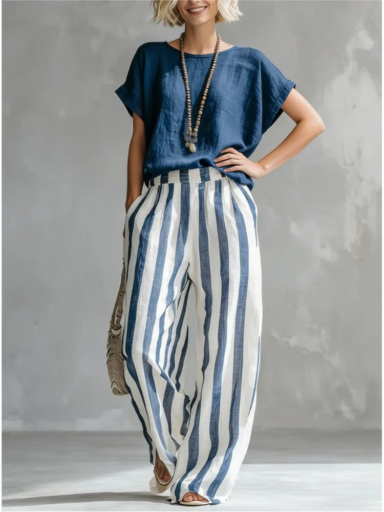Bohemian Cotton Linen Two Piece Outfit Women Casual Short Sleeve Top + Striped Wide Leg Pants Set Summer Beach Vacation Outfit
Bohemian Cotton Linen Two Piece Outfit Women Casual Short Sleeve Top + Striped Wide Leg Pants Set Summer Beach Vacation Outfit