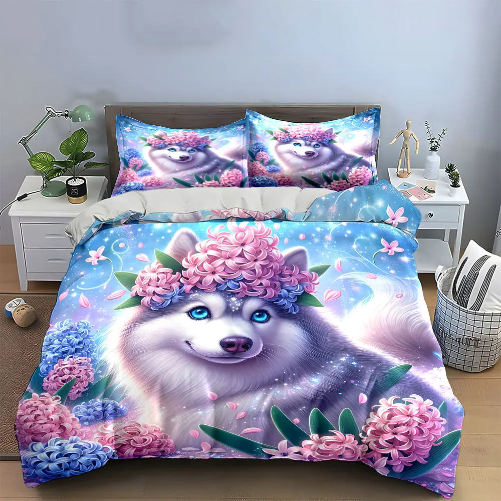 3Pcs Husky with Flower Crown Bedding Set, Magical White Husky Print Duvet Cover + 2 Pillowcases, bedroom cute Dog Decor
3Pcs Husky with Flower Crown Bedding Set, Magical White Husky Print Duvet Cover + 2 Pillowcases, bedroom cute Dog Decor