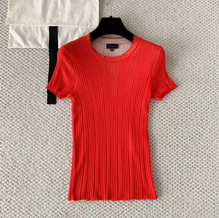 Customization New summer 2026 styles for European and American ladies' clothing Short-sleeved knitted orange black red T-shirt
Customization New summer 2026 styles for European and American ladies' clothing Short-sleeved knitted orange black red T-shirt