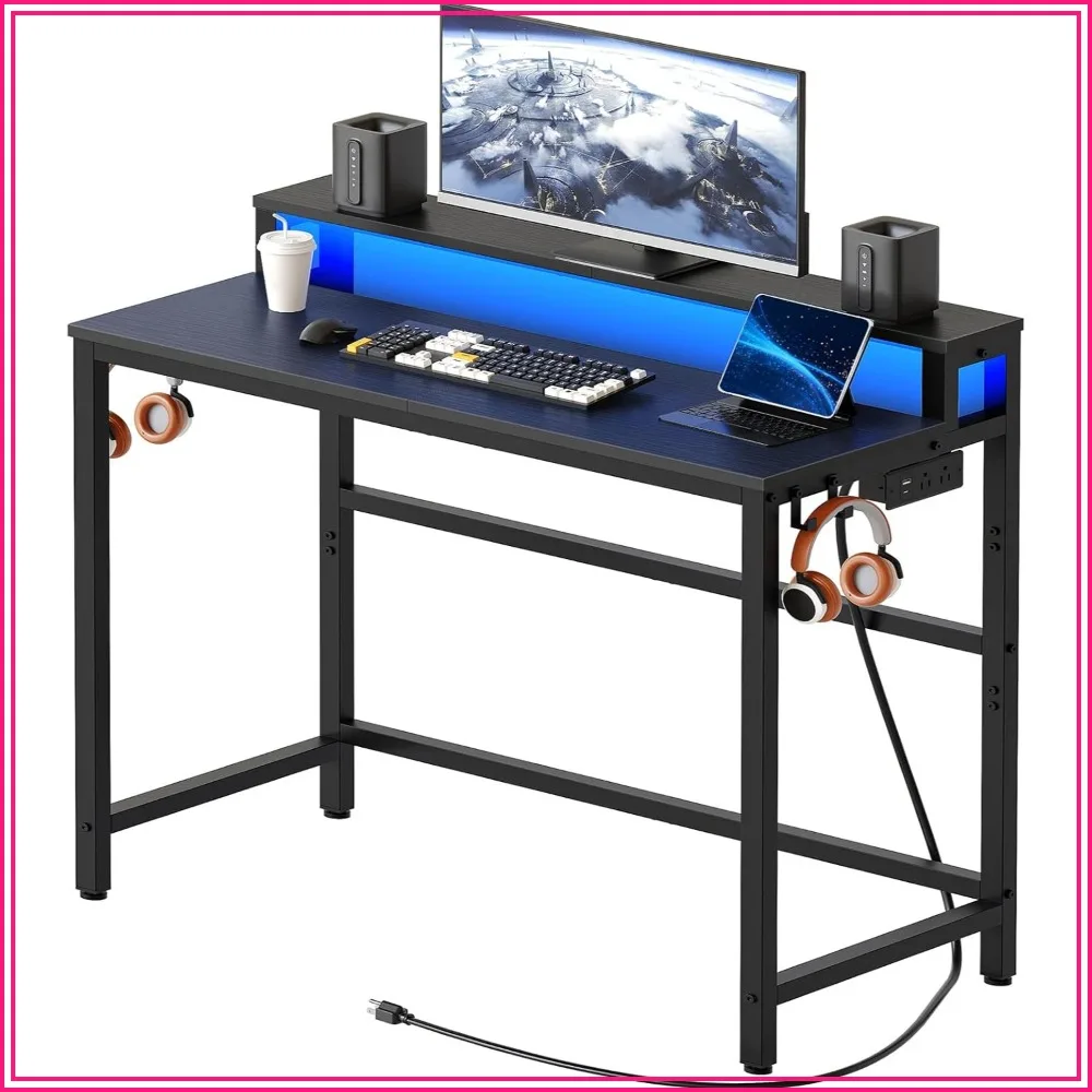 Small Computer Desk with Charging Station and LED Lights, Gaming Desk with Monitor Stand, 2-Tier Home Office Desk with 4 Side Hooks, for Living Room, Home Office, Black
Small Computer Desk with Charging Station and LED Lights, Gaming Desk with Monitor Stand, 2-Tier Home Office Desk with 4 Side Hooks, for Living Room, Home Office, Black