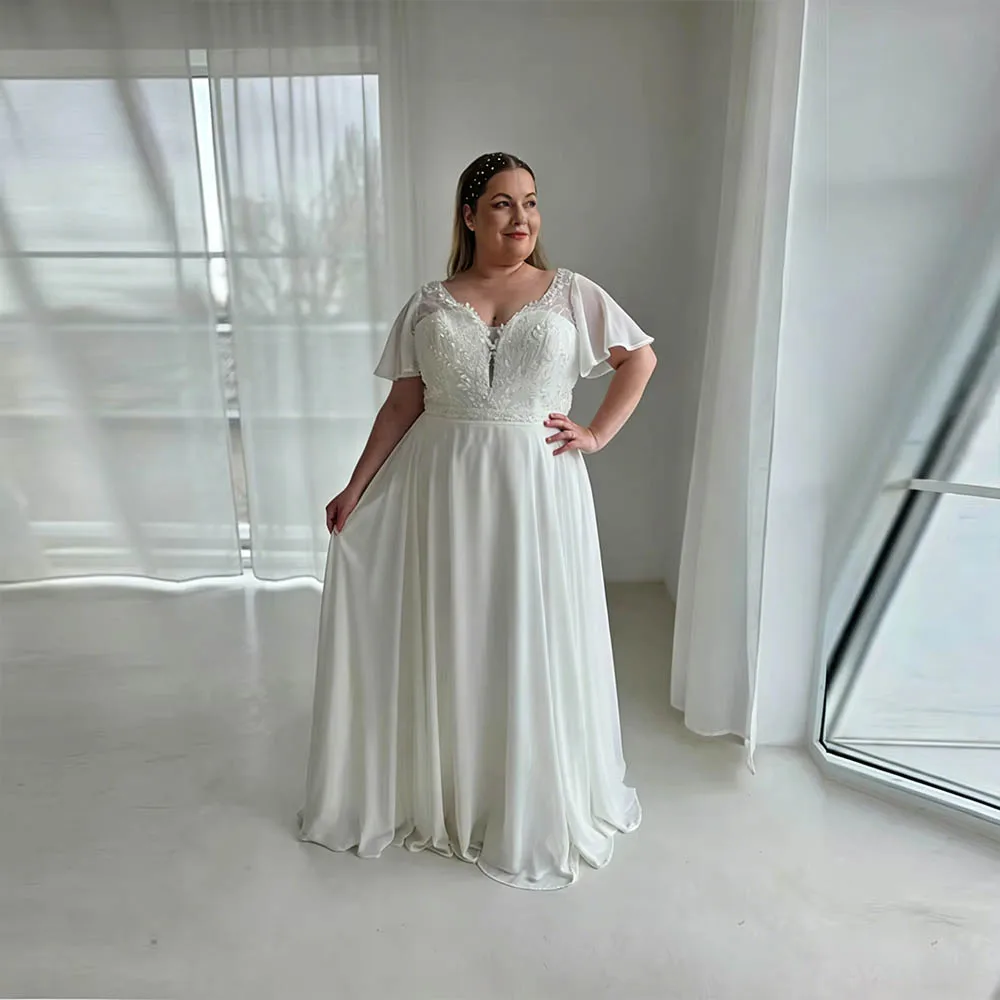Plus Size Chiffon Wedding Dresses For Bride V-neck A-Line Bridal Gowns Ruffle Sleeves Lace Applique Brides dress Customized
Plus Size Chiffon Wedding Dresses For Bride V-neck A-Line Bridal Gowns Ruffle Sleeves Lace Applique Brides dress Customized