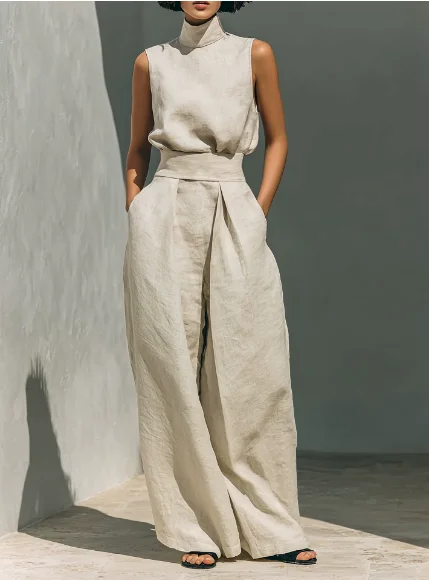 Two Piece Set Women Outfit 2026 Spring New Solid Color Linen Sleeveless Stand Up Collar Top & High Waist Wide Leg Pants Set
Two Piece Set Women Outfit 2026 Spring New Solid Color Linen Sleeveless Stand Up Collar Top & High Waist Wide Leg Pants Set