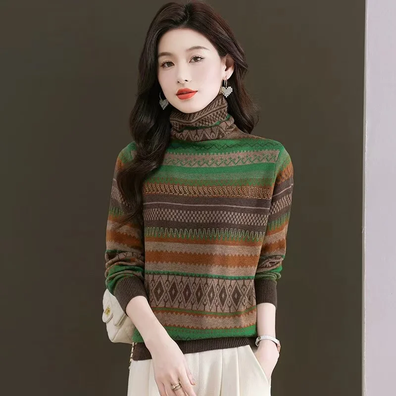Autumn Winter New Striped Wool Knit Pullovers Women Clothing Geometric Jacquard Turtleneck Sweaters Fashion Vintage Warm Tops
Autumn Winter New Striped Wool Knit Pullovers Women Clothing Geometric Jacquard Turtleneck Sweaters Fashion Vintage Warm Tops