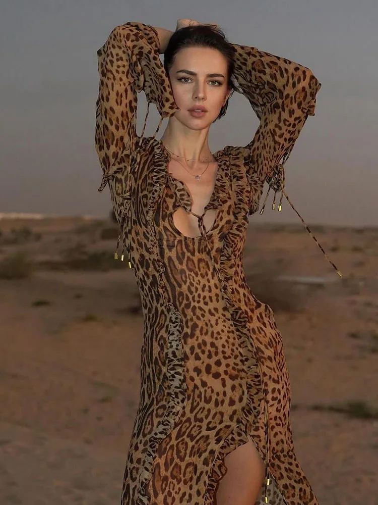 Tossy Chiffon Ruffle Leopard Print Long Dress Women's Fashion Deep V Slit Long Sleeves Slim Sexy Strappy Summer Long Dress 2024
Tossy Chiffon Ruffle Leopard Print Long Dress Women's Fashion Deep V Slit Long Sleeves Slim Sexy Strappy Summer Long Dress 2024
