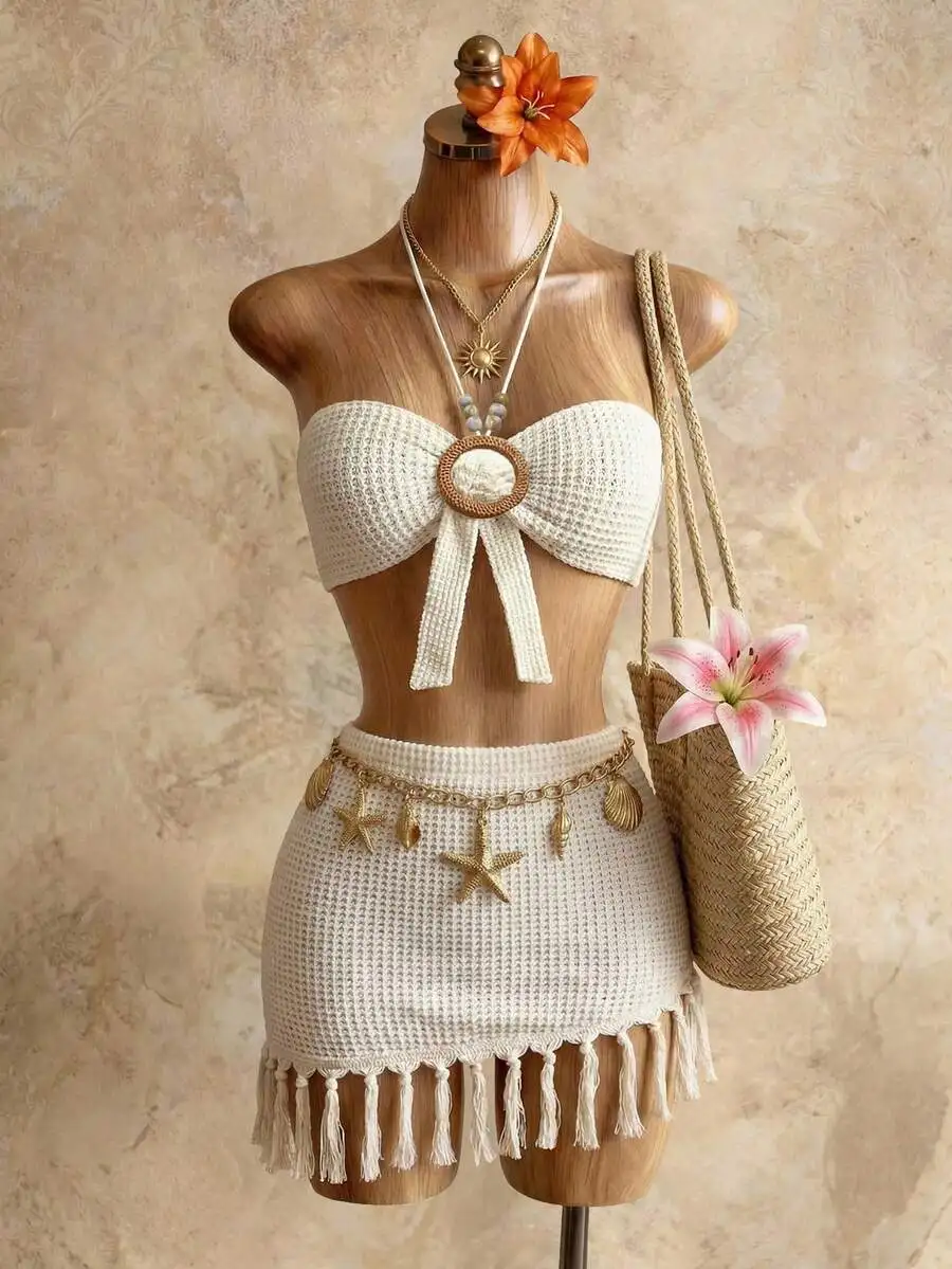 Beige Crochet Bandeau Top And Skirt Set With Tassels Starfish Chain Beach Holiday Outfit
Beige Crochet Bandeau Top And Skirt Set With Tassels Starfish Chain Beach Holiday Outfit