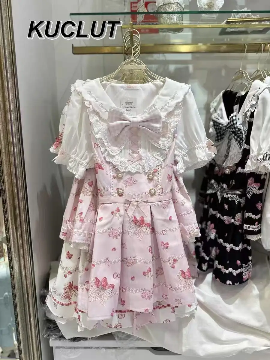 Women's Two Piece Sets Lolita Japanese Style Strawberry Embroidery Big Bow Casual Short Sleeve Dress and Skirt Set Summer
Women's Two Piece Sets Lolita Japanese Style Strawberry Embroidery Big Bow Casual Short Sleeve Dress and Skirt Set Summer