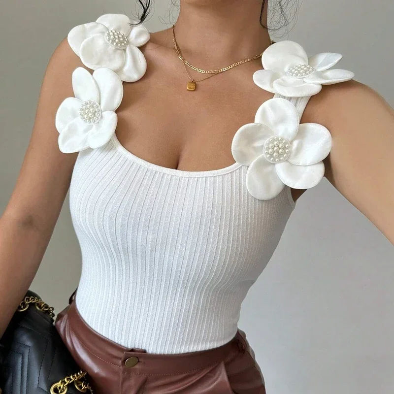 Summer Fashion Flower Decoration Women Vest Tops 2025 New Temperament Knitted Sleeveless Slim White T-shirt All-match Pullover
Summer Fashion Flower Decoration Women Vest Tops 2025 New Temperament Knitted Sleeveless Slim White T-shirt All-match Pullover
