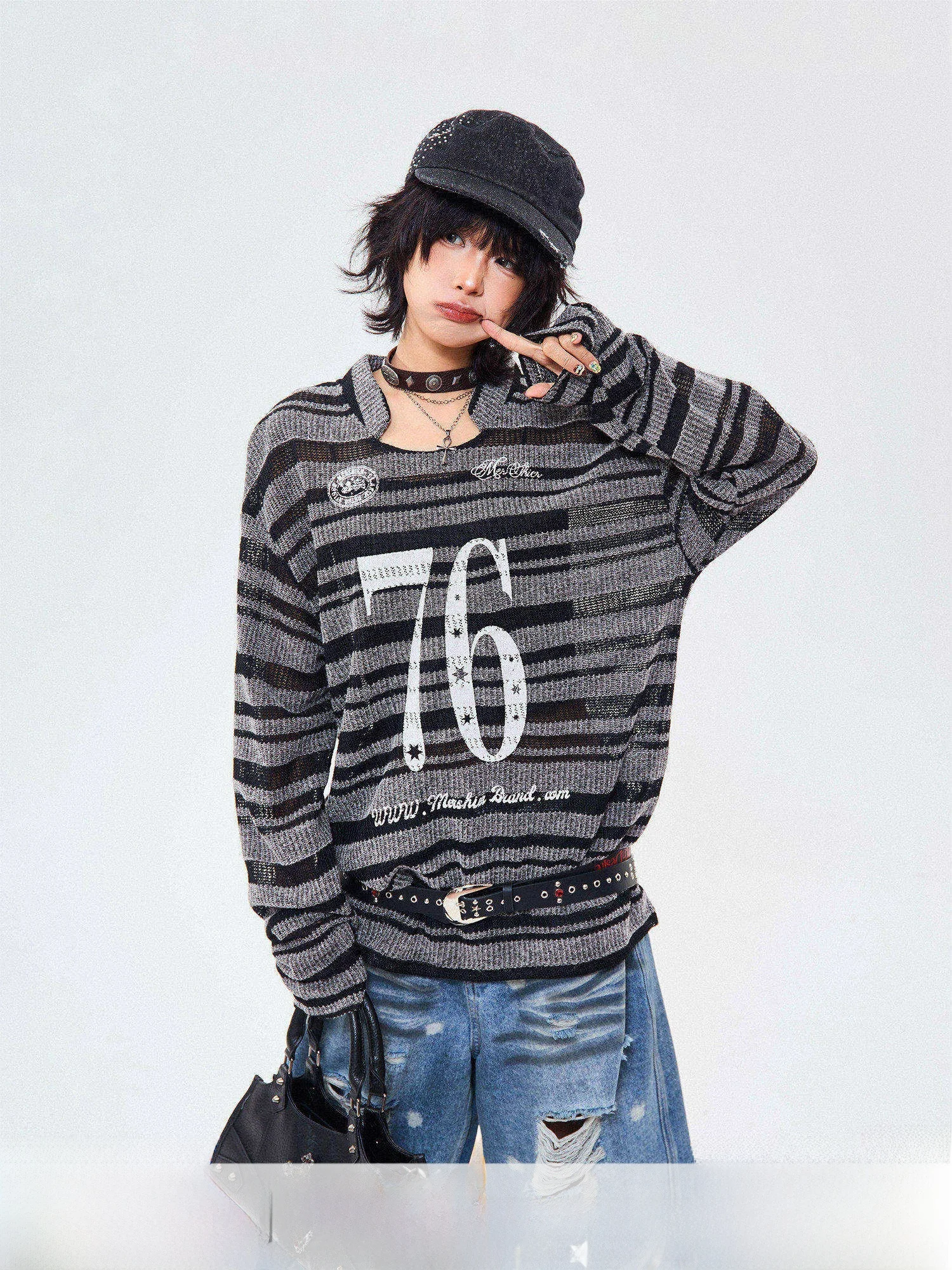 American Lazy Striped Hollow Knitted Long Sve Women's Loose Casual Versatile Top Trendy Polyester Cotton Blend round Ne
American Lazy Striped Hollow Knitted Long Sve Women's Loose Casual Versatile Top Trendy Polyester Cotton Blend round Ne