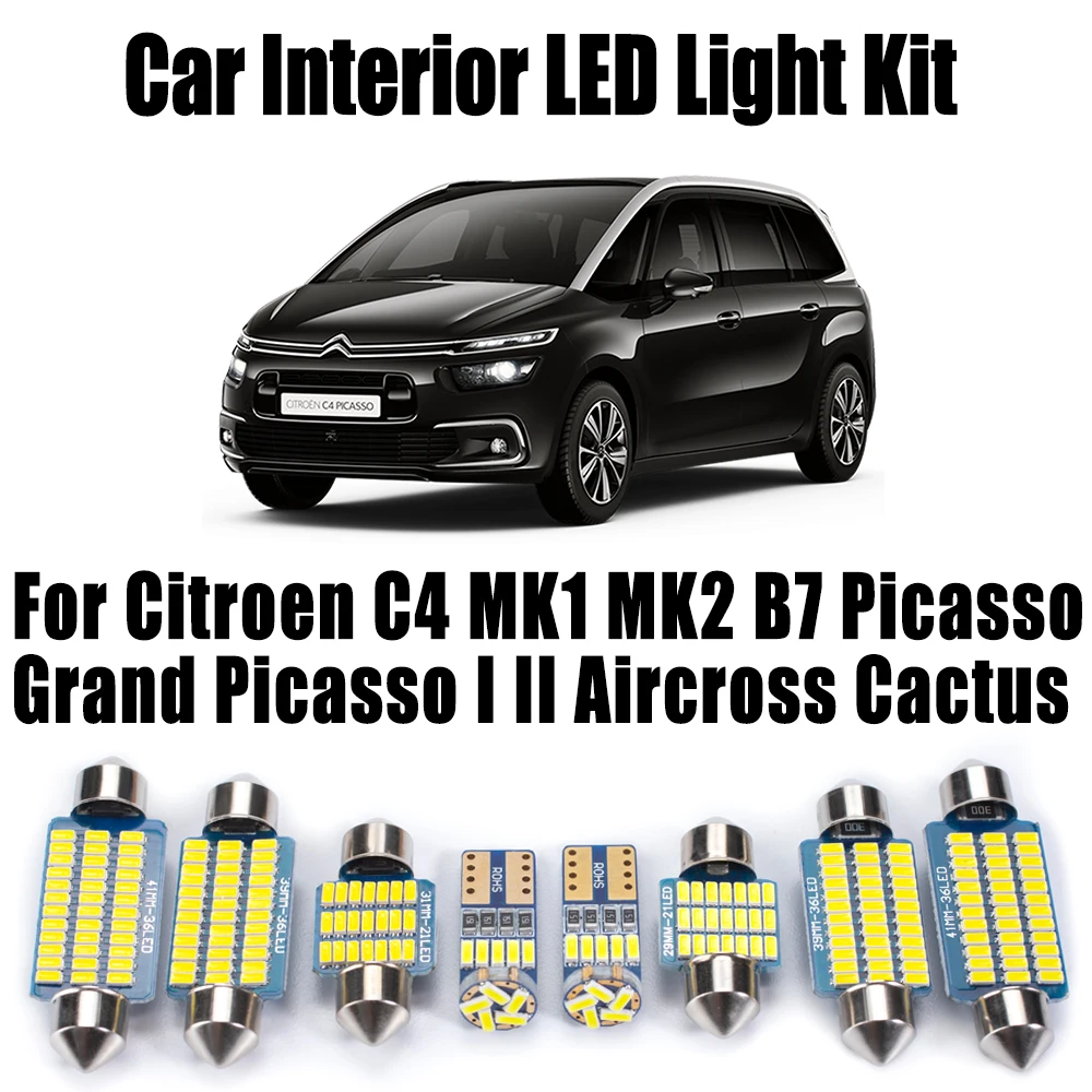 Автомобильный светодиодный внутренний светильник Canbus с картой купола, комплект освещения багажника для Citroen C4 MK1 MK2 B7 Picasso Grand Picasso I II Aircross Cactus 2004-2020
Автомобильный светодиодный внутренний светильник Canbus с картой купола, комплект освещения багажника для Citroen C4 MK1 MK2 B7 Picasso Grand Picasso I II Aircross Cactus 2004-2020
