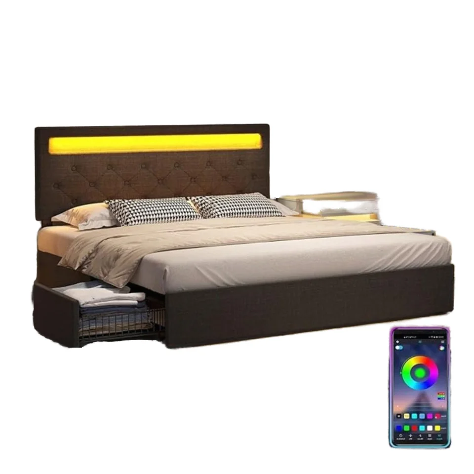 #Modern Design LED Lights Four Drawers Side Storage Up-Holstered Bed Large Adjustable Headboard Iron Bed Foreign Trade Factory
#Modern Design LED Lights Four Drawers Side Storage Up-Holstered Bed Large Adjustable Headboard Iron Bed Foreign Trade Factory