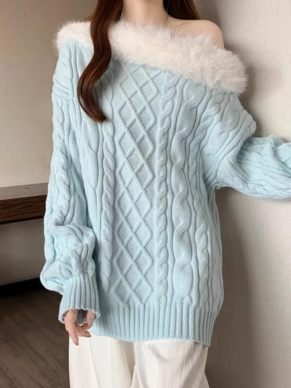 Light Blue Shoulder Bared Knitted Sweater Women's Loose Fit Long Sleeve Winter Fashion Commute Style Rabbit Fur
Light Blue Shoulder Bared Knitted Sweater Women's Loose Fit Long Sleeve Winter Fashion Commute Style Rabbit Fur