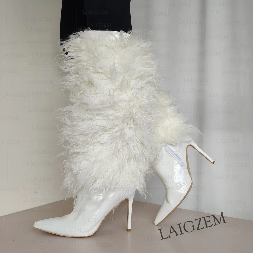 LAIGZEM Women Knee High Boots Shiny + Faux Fur Side Zip Pointed Toe Thin High Heels Boots Ladies Shoes Woman Big Size 39 45 47
LAIGZEM Women Knee High Boots Shiny + Faux Fur Side Zip Pointed Toe Thin High Heels Boots Ladies Shoes Woman Big Size 39 45 47