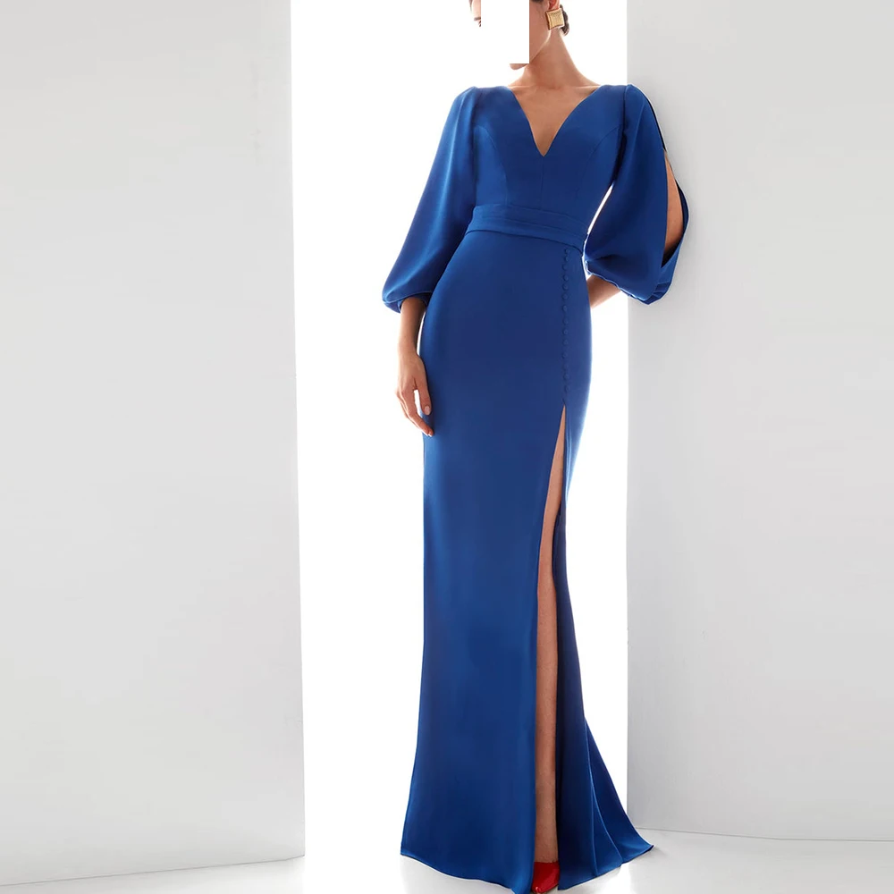 Blue Elegant Evening Dress V Neck Straight Floor Length 3/4 Sleeves Jersey Zipper Back Sweep Train Bespoke Occasion Gowns
Blue Elegant Evening Dress V Neck Straight Floor Length 3/4 Sleeves Jersey Zipper Back Sweep Train Bespoke Occasion Gowns
