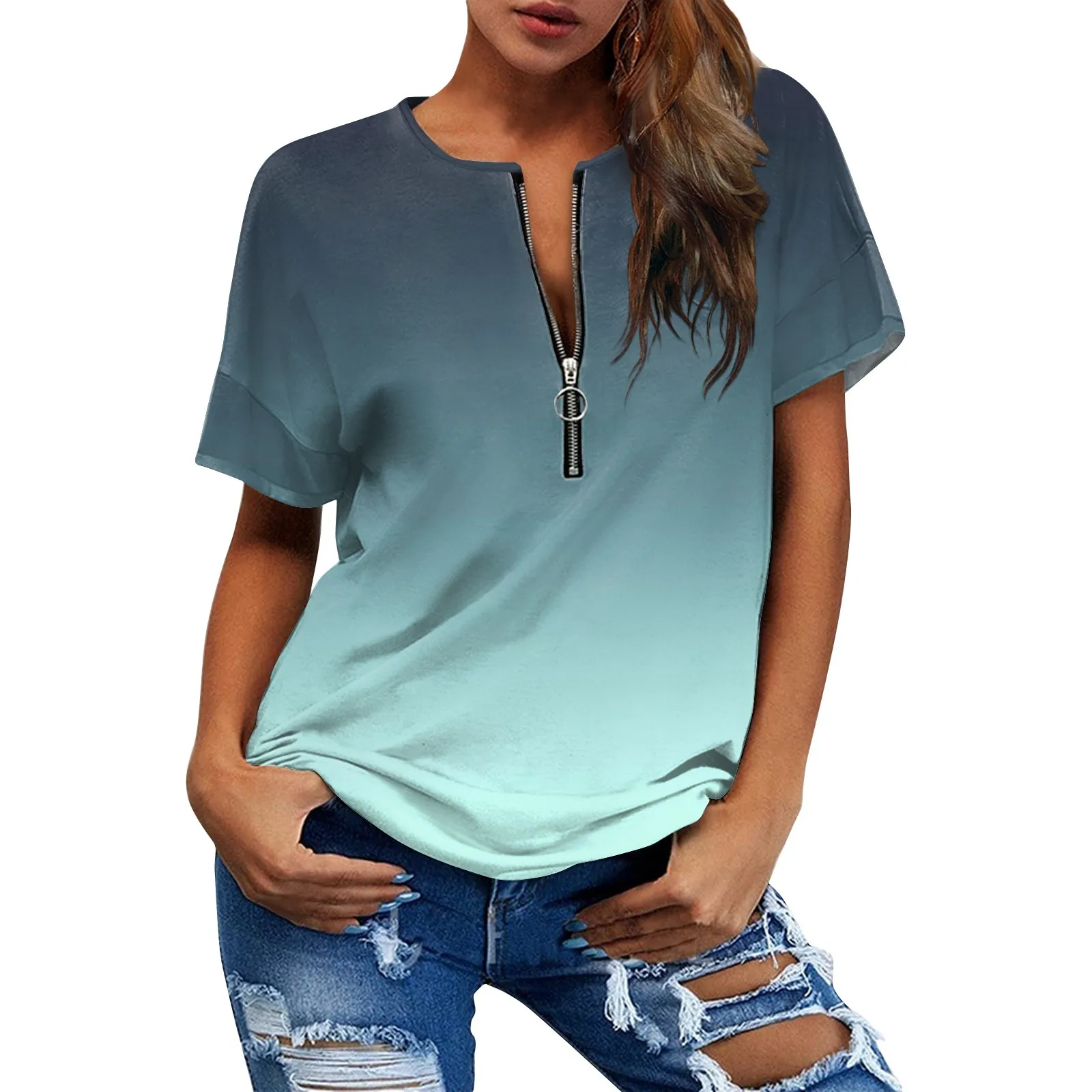 Women'S Short Sleeve T-Shirt Casual Fashion Gradient Color Round Neck Zipper Pullover Tops Loose Daily All-Match Tops 2024 New
Women'S Short Sleeve T-Shirt Casual Fashion Gradient Color Round Neck Zipper Pullover Tops Loose Daily All-Match Tops 2024 New