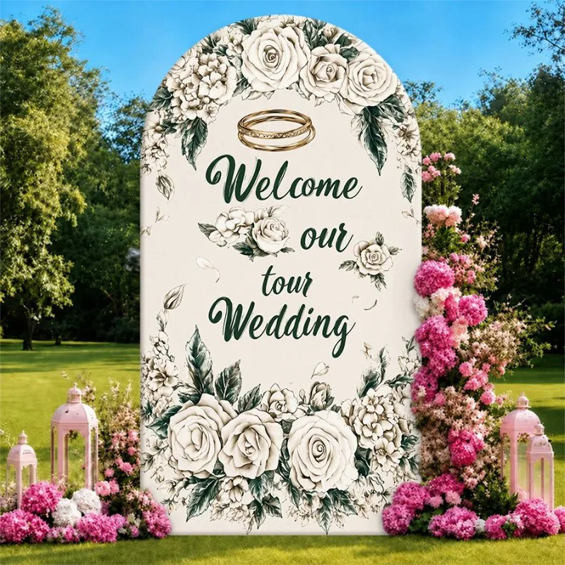 Single Side Arch Backdrop Cover Elegant Wedding Background Banner with White Rose Floral Design and Gold Ring Motif Surrounded
Single Side Arch Backdrop Cover Elegant Wedding Background Banner with White Rose Floral Design and Gold Ring Motif Surrounded