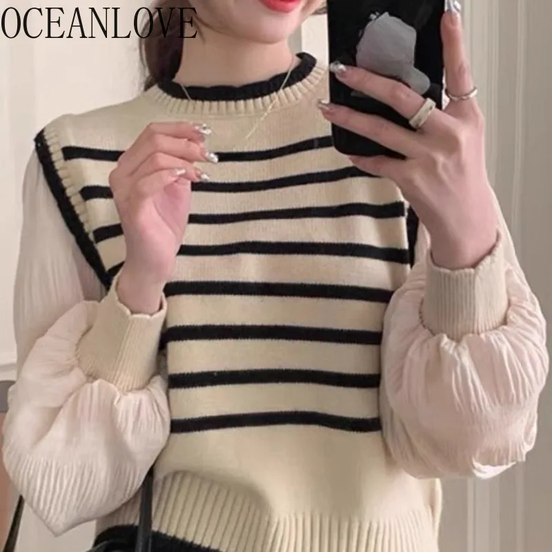 OCEANLOVE Sweater Clothing Women Autumn Winter Stripes Puff Sleeve Pullovers Fake 2 Pieces Korean Fashion Chic Pull Femme
OCEANLOVE Sweater Clothing Women Autumn Winter Stripes Puff Sleeve Pullovers Fake 2 Pieces Korean Fashion Chic Pull Femme