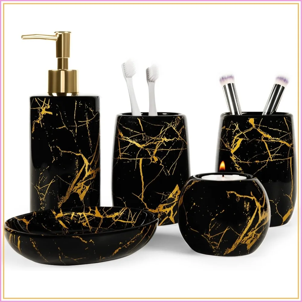 5-Piece Ceramic Bathroom Accessory Set: Soap Dish, Toothbrush Holder, Soap Dispenser, Tumbler & Candle Holder - Modern Bathroom Organizer
5-Piece Ceramic Bathroom Accessory Set: Soap Dish, Toothbrush Holder, Soap Dispenser, Tumbler & Candle Holder - Modern Bathroom Organizer