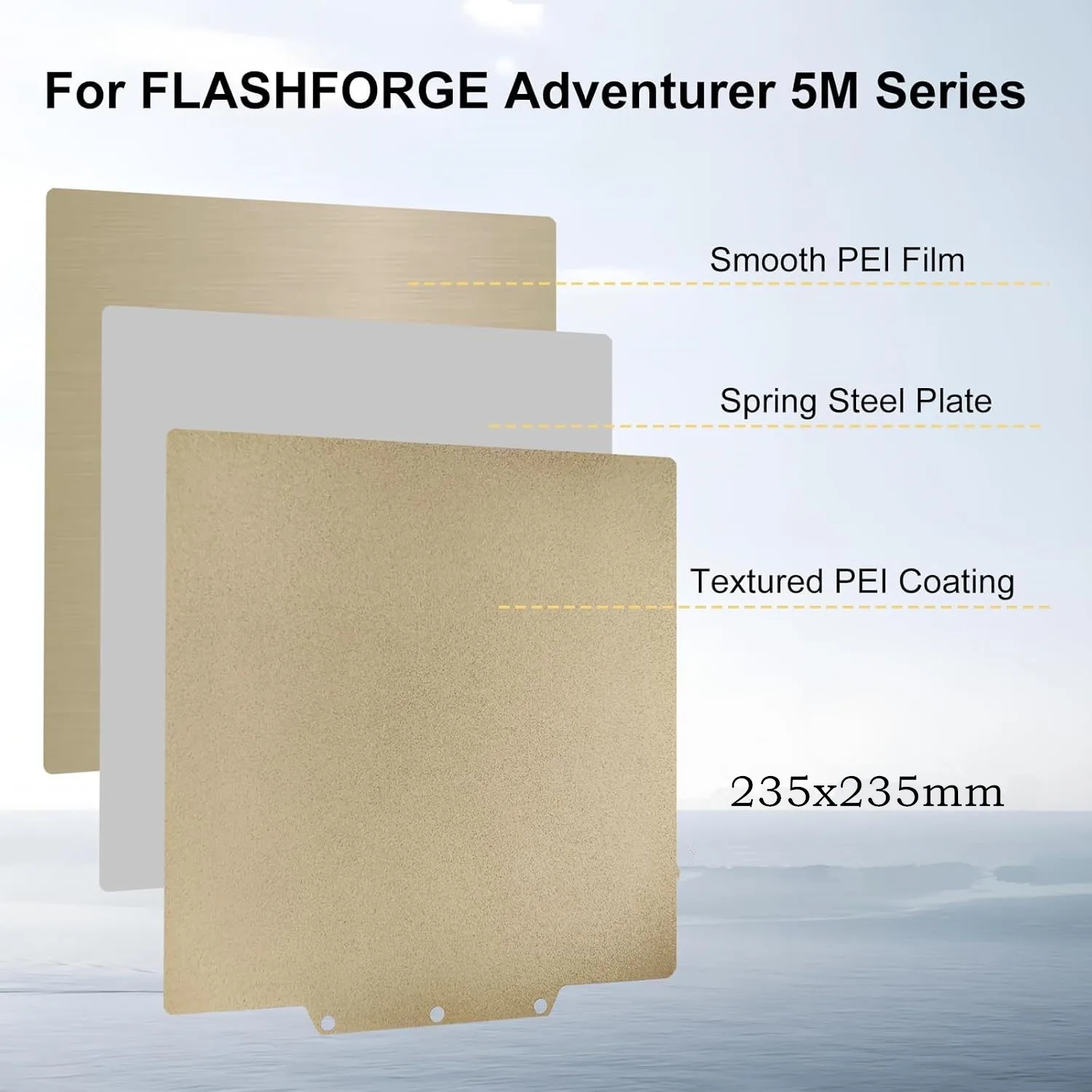 For Adventurer AD5X Build Plate Smooth Textured PEI Flexible Spring Steel Sheet Easy Remove 235x235mm for Adventurer 5M/5M Pro
For Adventurer AD5X Build Plate Smooth Textured PEI Flexible Spring Steel Sheet Easy Remove 235x235mm for Adventurer 5M/5M Pro