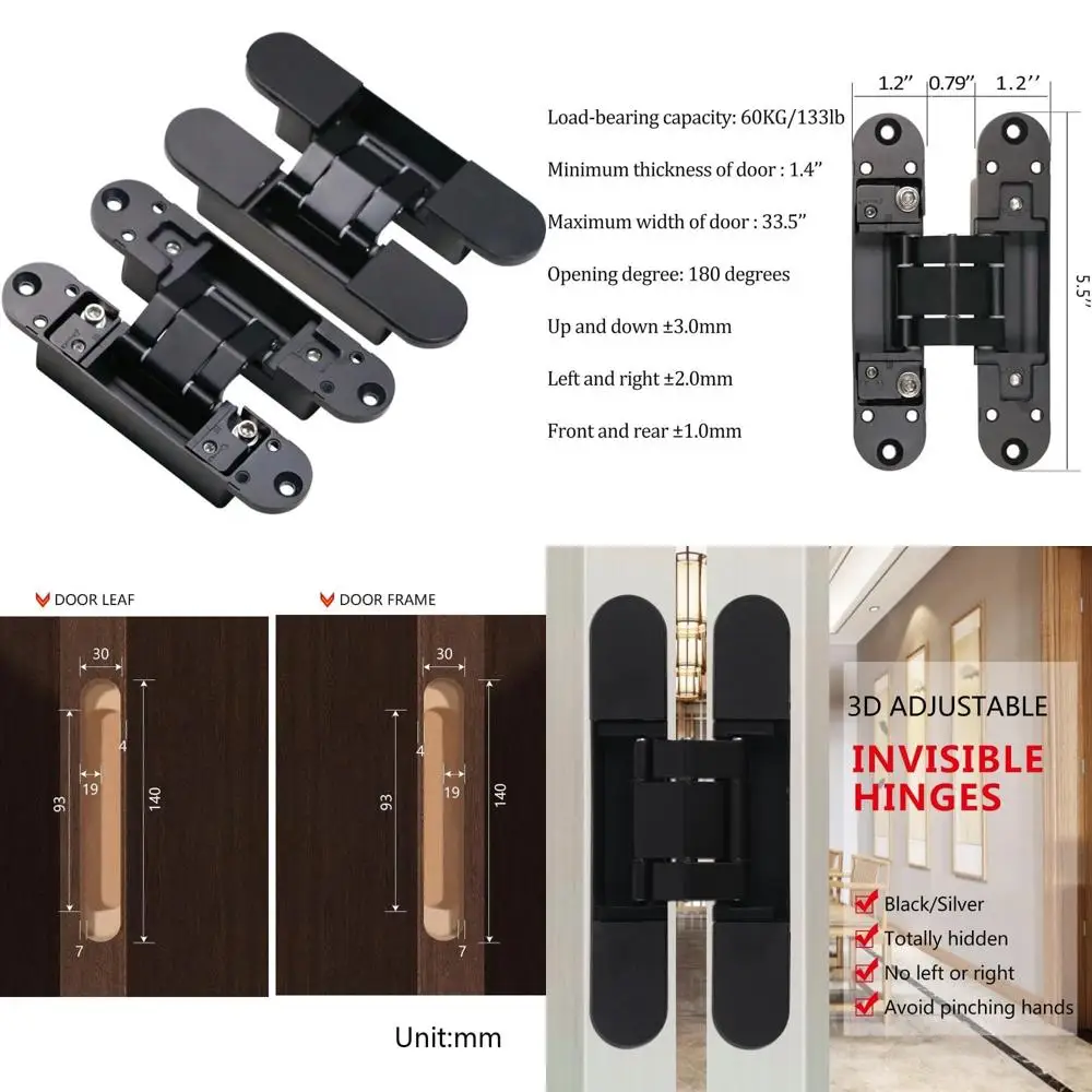 5.5 Heavy-Duty 180 ° Скрытые петли для секретных дверей - 3D-регулируемые, бесшумные, выдерживают нагрузку до 133 фунтов, черные
5.5 Heavy-Duty 180 ° Скрытые петли для секретных дверей - 3D-регулируемые, бесшумные, выдерживают нагрузку до 133 фунтов, черные
