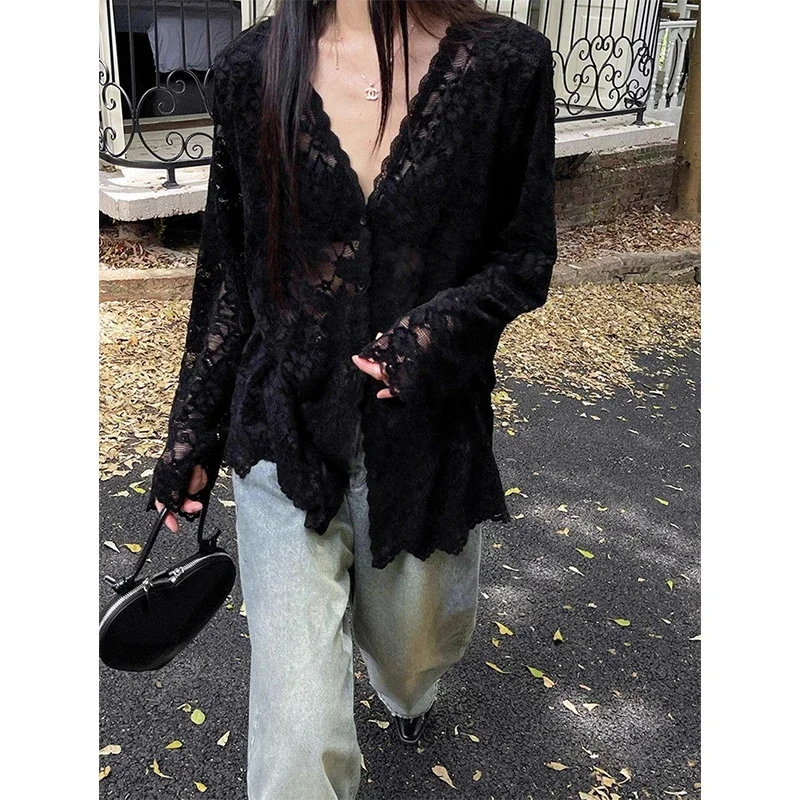 Y2K Lace Sheer Black Shirts Women Streetwear Sexy Hollow Out White Blouses Korean Aesthetic Long Sleeve Chic Sun Protection Tops
Y2K Lace Sheer Black Shirts Women Streetwear Sexy Hollow Out White Blouses Korean Aesthetic Long Sleeve Chic Sun Protection Tops